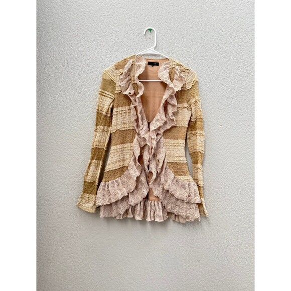 Ryu• Women Victorian Boho Crochet Cardigan Open Front Knit Ruffle Sweater - Picture 1 of 7